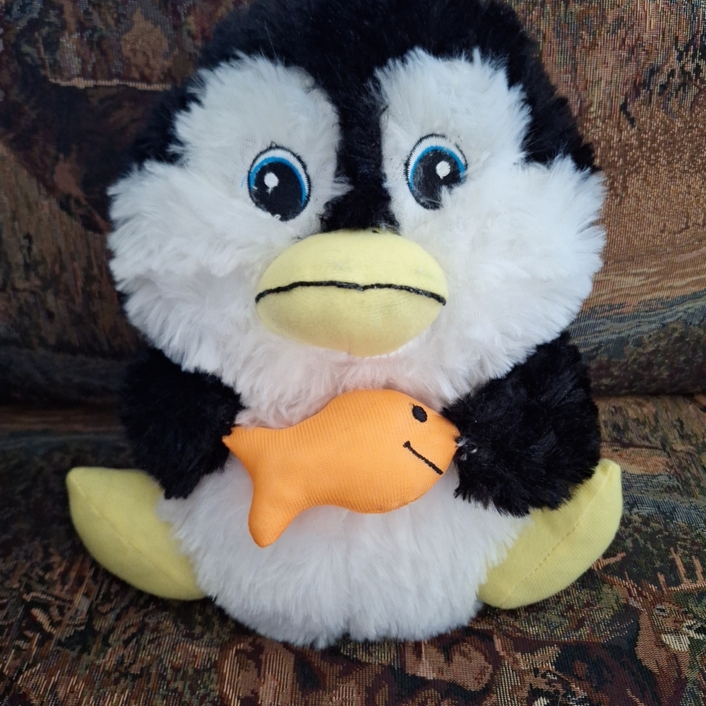 Adorable Black and White Penguin Plush with Orange Fish